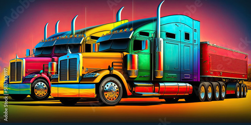 Colorful large trailer trucks on the road - Generative AI