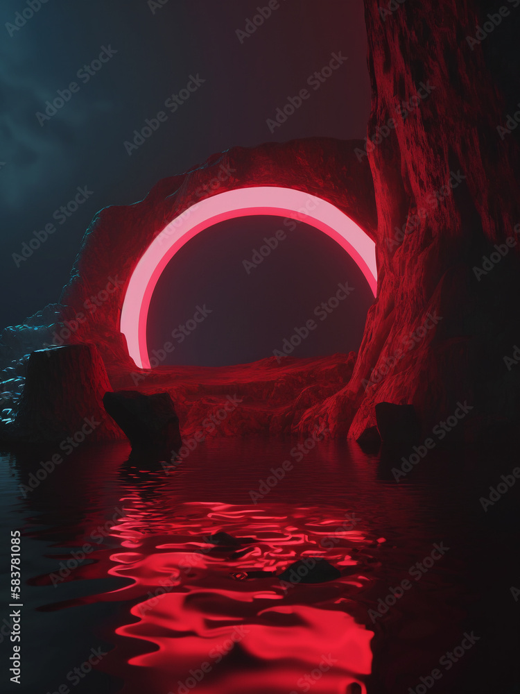 Obraz premium Red circle and clouds illuminated with neon light ring glowing above the calm water in dark cave animation, abstract 3d render. Generative AI