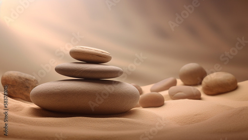 Abstract nature scene with stack of zen stones sand background  balancing art concept. Generative AI