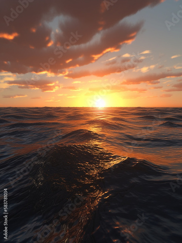Golden sunset on the ocean over horizon in the evening with colorful clouds orange sunlight. Generative AI