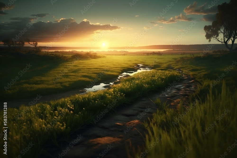 A green field against a magical sunset. Cinematic