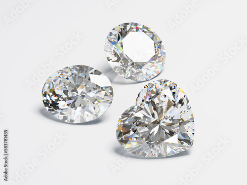 Three loose diamonds of heart, oval, round cut scattered on white background. 3d illustration