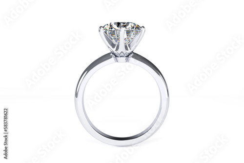 Canvas Print Diamond solitaire engagement ring with a round brilliant cut stone on white background