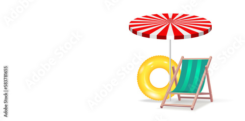 Isolated realistic 3d objects. Illustration of travel, tourism during vacation.
 Chaise longue, swimming ring, seashore.