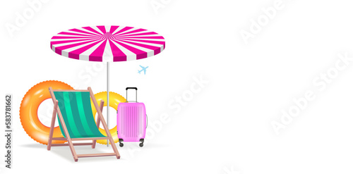 Isolated realistic 3d objects. Illustration of travel, tourism during vacation.
 Chaise longue, swimming ring, seashore.