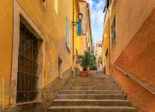 Stairs on a narrow street in the Old Town of Villefranche sur Mer, France