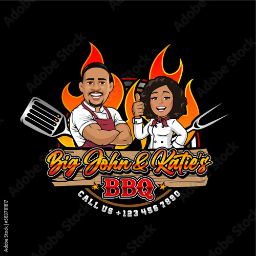 BBQ, barbecue logo or label. Chef or happy cook with a grill tools spatula and fork. Cartoon vector illustration