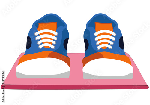 Front view of men fashion shoes, classic shoe design. Vector of a pair of blue and orange gumshoes or skate footwear. Stylish male shoes, loafers, sneakers, boat shoes, converse or sports shoes
