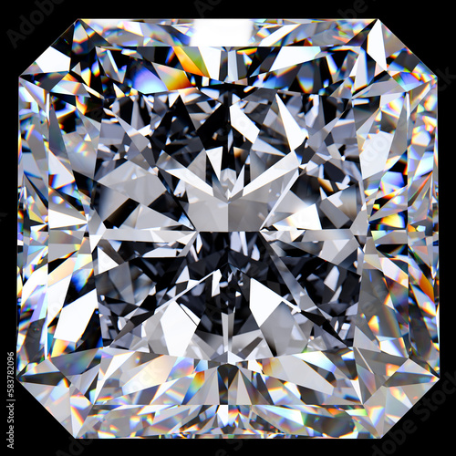 Large close up square radiant cut diamond isolated on black background. 3d rendering.