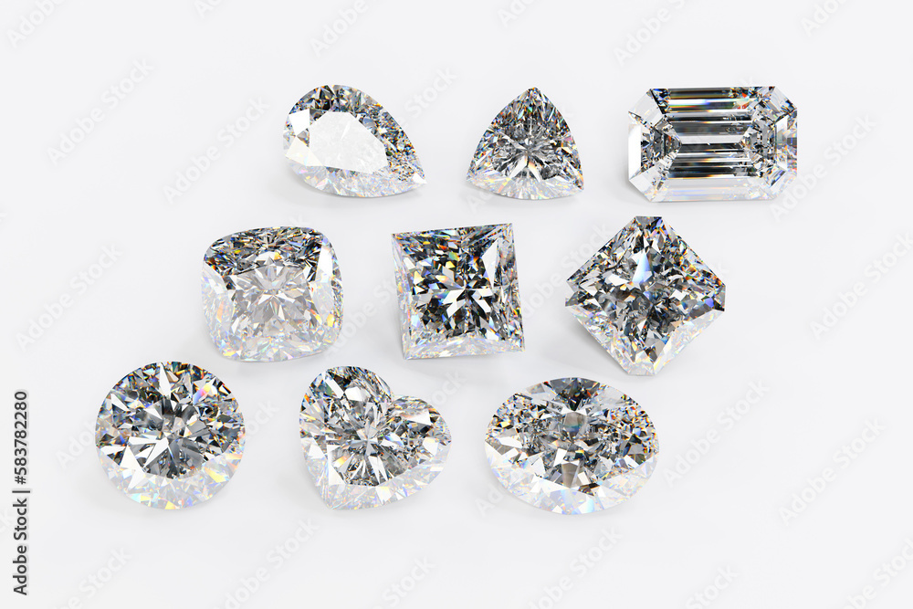 Loose diamonds of popular cutting style lined up on white background. 3d illustration Loose diamonds of popular cutting style lined up on white background. 3d illustration