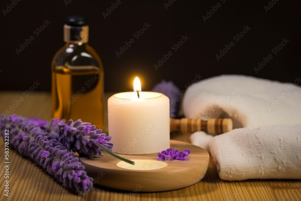 Spa still life with lavender oil, white towel and perfumed candle on natural wood ,Generative AI Spa still life with lavender oil, white towel and perfumed candle on natural wood ,Generative AI