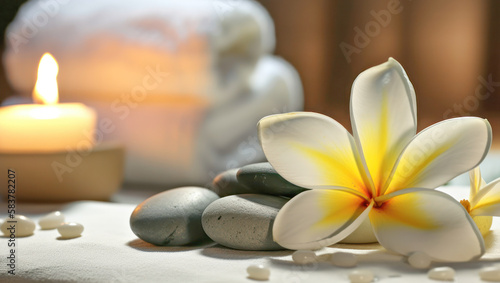 spa composition on massage with Soft White Towels, Essential Oils, flower, Candles, and Relaxation. Generative AI