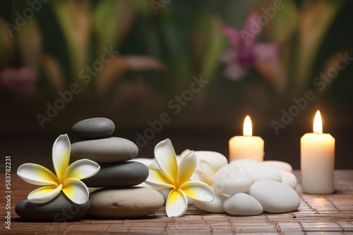 spa composition on massage with Soft White Towels, Essential Oils, flower, Candles, and Relaxation. Generative AI