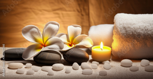 spa composition on massage with Soft White Towels  Essential Oils  flower  Candles  and Relaxation. Generative AI