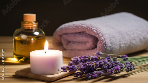 Spa still life with lavender oil, white towel and perfumed candle on natural wood ,Generative AI