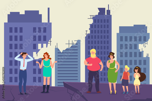 Scared people after earthquake vector illustration. Men, women and children looking at destroyed buildings. Earthquakes in Turkey, Syria. Growth of seismic activity, natural disaster, crisis concept