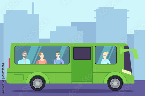 People in bus vector illustration. Men and women using public transport in city to reduce emissions from private cars. Cost and convenience of public transport, environment, ecology concept © PCH.Vector