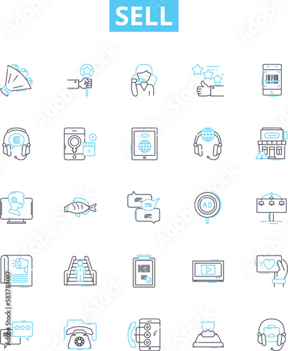 Sell vector line icons set. Sell, Market, Trade, Transact, Promote, Exchange, Retail illustration outline concept symbols and signs