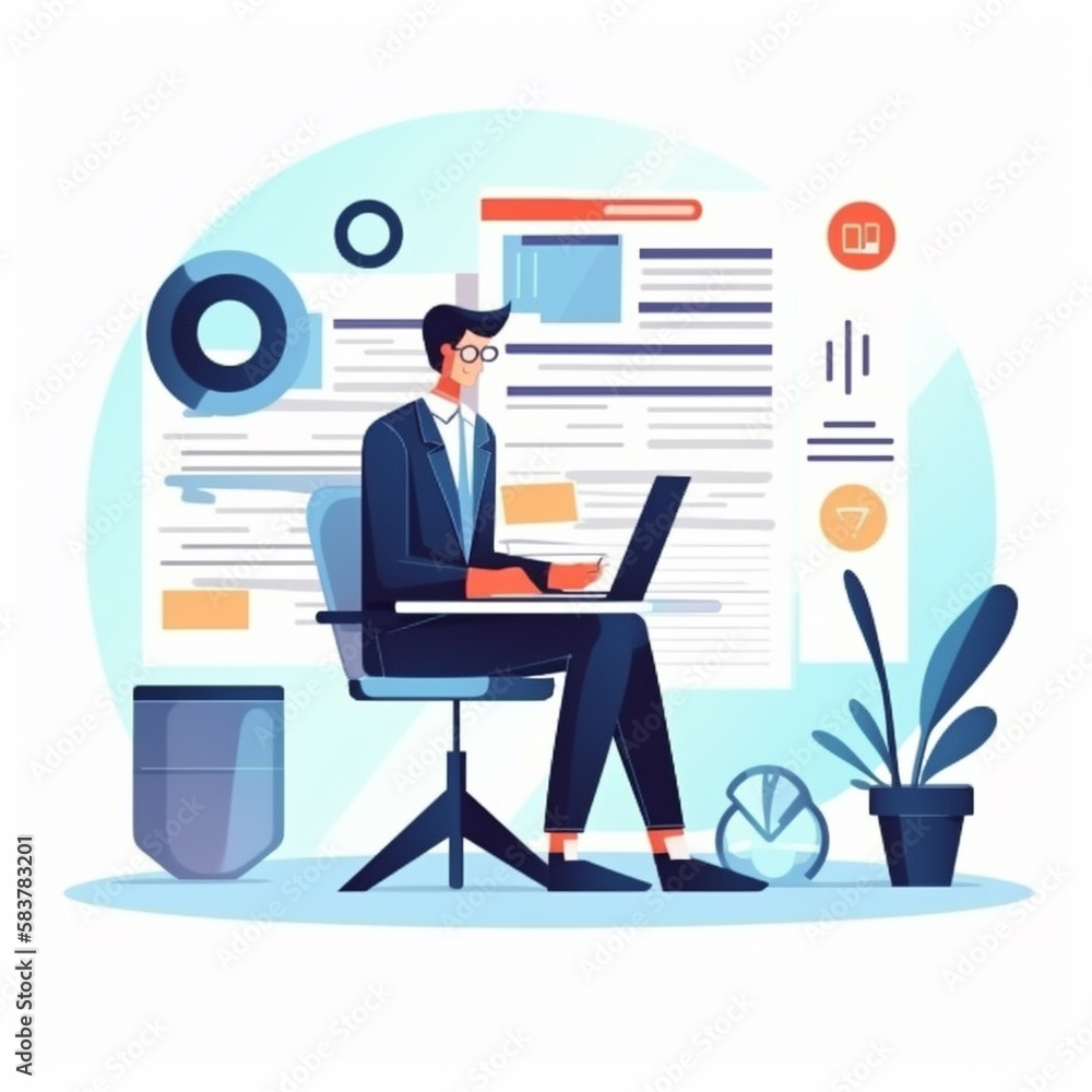 Businessman audits online docs with quality assessment management checklist. Evaluates business docs, analyzes market data reports, consults for plan review Businessman audits online docs with quality assessment management checklist. Evaluates business docs, analyzes market data reports, consults for plan review