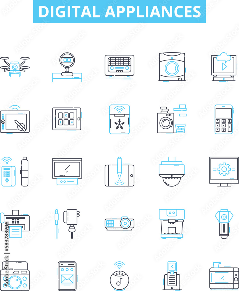 Digital appliances vector line icons set. Digital, appliances, technology, smart, electronics, gadgets, AI illustration outline concept symbols and signs Digital appliances vector line icons set. Digital, appliances, technology, smart, electronics, gadgets, AI illustration outline concept symbols and signs