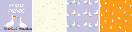 Cute illustration with white geese and hand lettering. A set of patterns with drops, a trail of birds and a repeating pattern of white ducks. Set of postcards and patterns