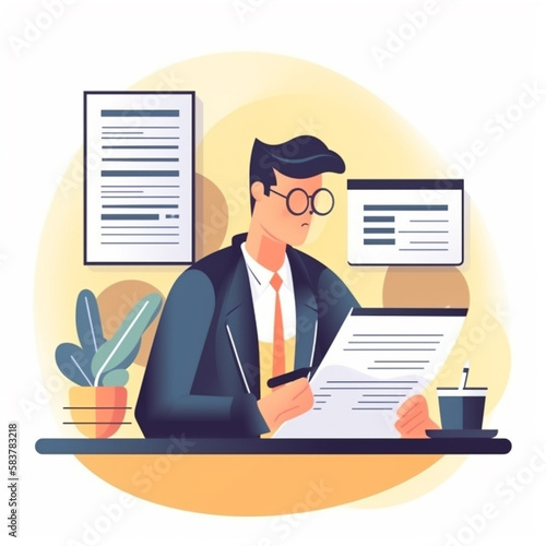 Businessman audits online docs with quality assessment management checklist. Evaluates business docs, analyzes market data reports, consults for plan review