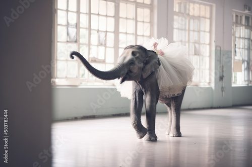 Elephant wearing a tutu in a ballet school. Generative AI