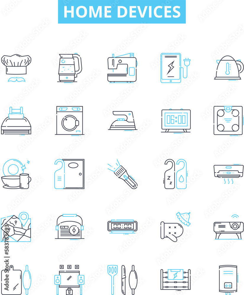 Home devices vector line icons set. Appliances, Electronics, Television, Refrigerator, Computer, Lights, Heater illustration outline concept symbols and signs Home devices vector line icons set. Appliances, Electronics, Television, Refrigerator, Computer, Lights, Heater illustration outline concept symbols and signs