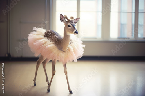Deer wearing a tutu in a ballet school. Generative AI