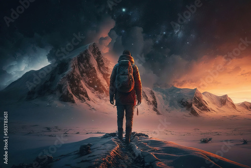 Epic winter arctic landscape. A man stands on a rock and looks into the distance at the mountains. Polar night, stars in the sky. A traveler on a hike in the majestic northern nature. Generative AI.