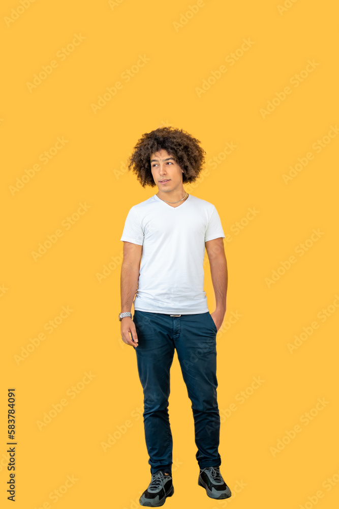 Full size profile photo of brunet optimistic guy dance wear modern shirt trousers sneakers isolated on beige color background Full size profile photo of brunet optimistic guy dance wear modern shirt trousers sneakers isolated on beige color background