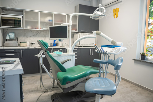 Interior of a patient reception room with dental equipment in a dental clinic.