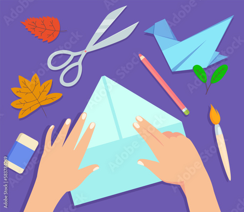Hands making origami vector illustration. Folded sheet of paper, pencil, scissors and fall leaves on purple background. Paper crafts, paper packaging, hobby, self-expression concept