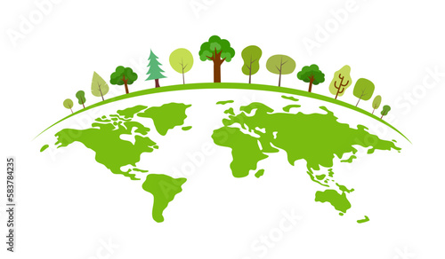 Green world concept vector illustration. Green trees on planet earth in flat design on white background.
