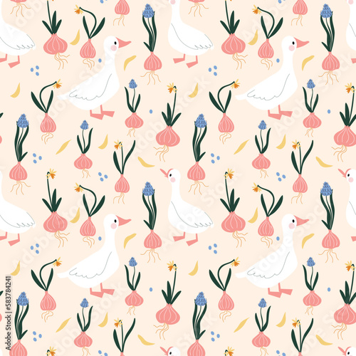 Cute pattern with goose,daffodils and muscari. Floral spring background