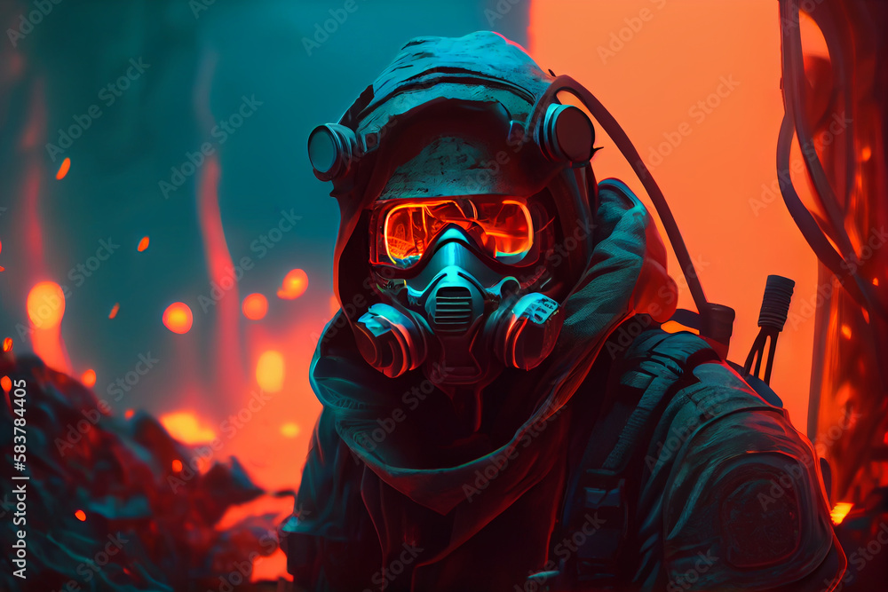 fantasy character in biochemical face mask and glow glasses radiation chemical apocalypse art illustration Generative AI fantasy character in biochemical face mask and glow glasses radiation chemical apocalypse art illustration Generative AI