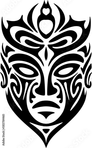 Vector tattoo sketch of a Polynesian god mask in black and white.