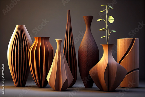 handmade stylish. wooden vases, handicraft art in wood illustration Generative AI