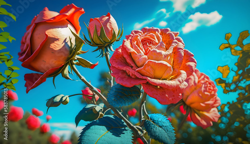 red rose on blue sky, red rose in the sky, red rose flower, orange flower on sky background, flower garden
