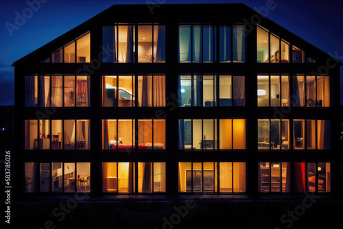 Haus bei Nacht, Fenster beleuchtet