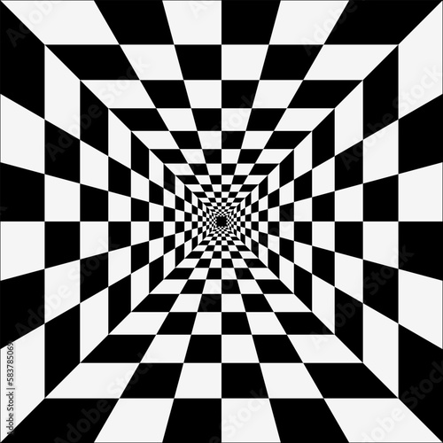 Perspective of black and white squares  the illusion of a tunnel. Abstract perspective geometric chess background vector. Perspective Geometric Art.