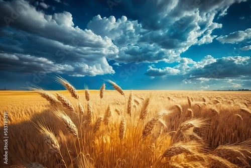 Fényképezés Landscape of wheat fields with cumulus clouds