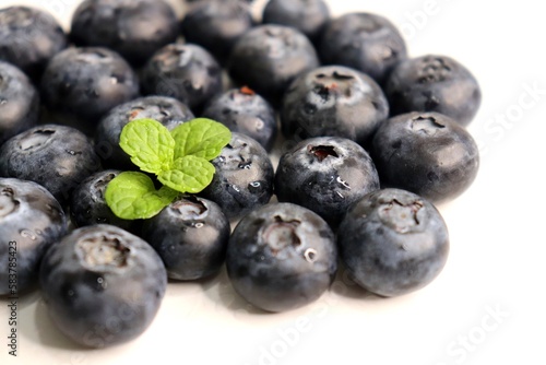 Fresh blueberries with mint leaves. The fruits are actual berries with many tiny seeds and are deep indigo to black color when ripe. Copy space.