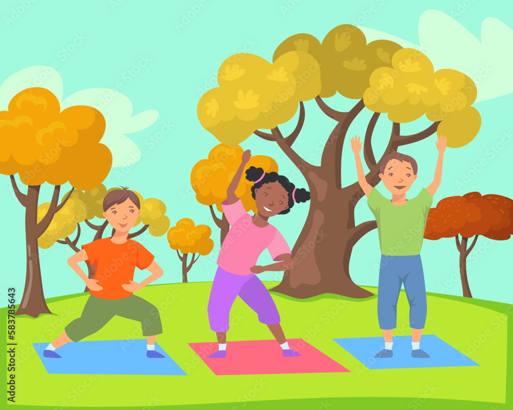 Children exercising in park vector illustration. Happy young people practicing yoga and stretching outside. Outdoor workouts, healthy lifestyle, activity, sports concept Children exercising in park vector illustration. Happy young people practicing yoga and stretching outside. Outdoor workouts, healthy lifestyle, activity, sports concept
