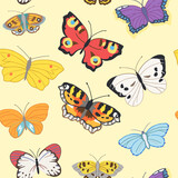 Seamless pattern of flying butterflies in red, yellow, white, orange and other colors. Vector cute illustration on a yellow background.