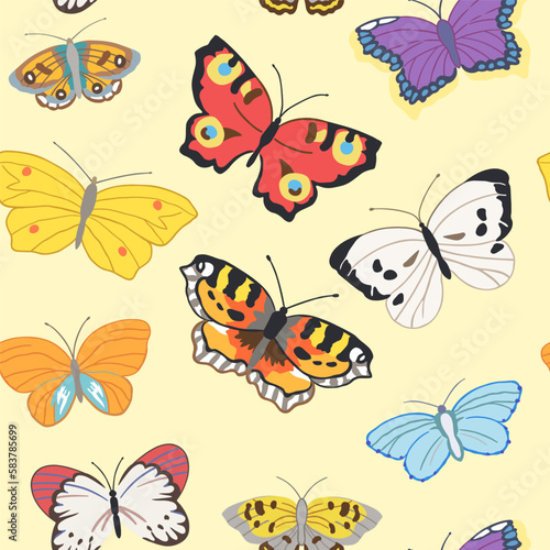 Seamless pattern of flying butterflies in red, yellow, white, orange and other colors. Vector cute illustration on a yellow background. © Maxim