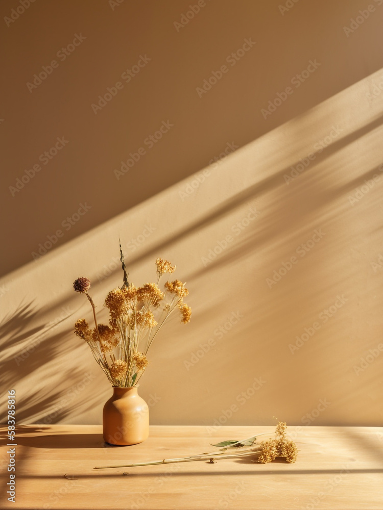 Portrait of a dried flowers in vase on a wooden table with copy space. Generative AI