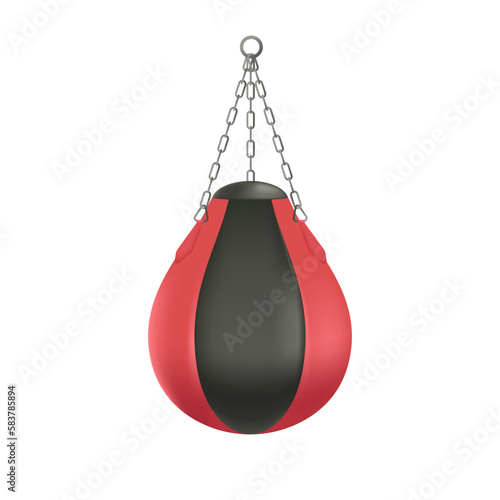Red and black punching or speed bag for boxers 3D illustration. Cartoon drawing of equipment for boxing training in 3D style on white background. Boxing, sports, healthy lifestyle concept