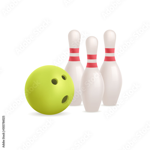 Bowling pins and green ball holes 3D illustration. Cartoon drawing of bowling objects in 3D style on white background. Bowling, sports, healthy lifestyle, leisure concept