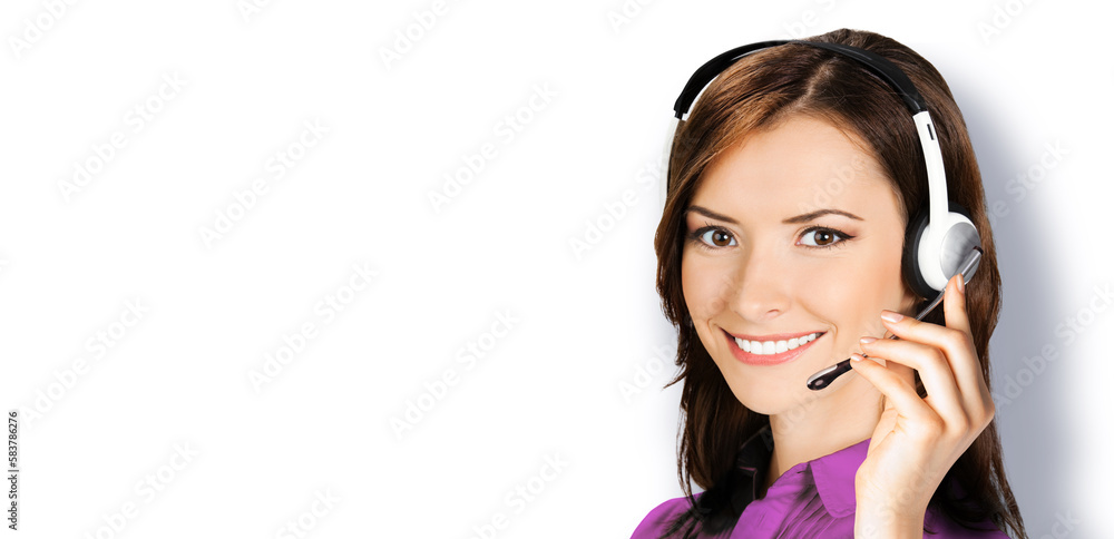 Call Center Service. Face portrait customer support or answer worker, sales agent. Caller, receptionist phone female operator. Helpline answer and telemarket. Isolated white background. Call Center Service. Face portrait customer support or answer worker, sales agent. Caller, receptionist phone female operator. Helpline answer and telemarket. Isolated white background.